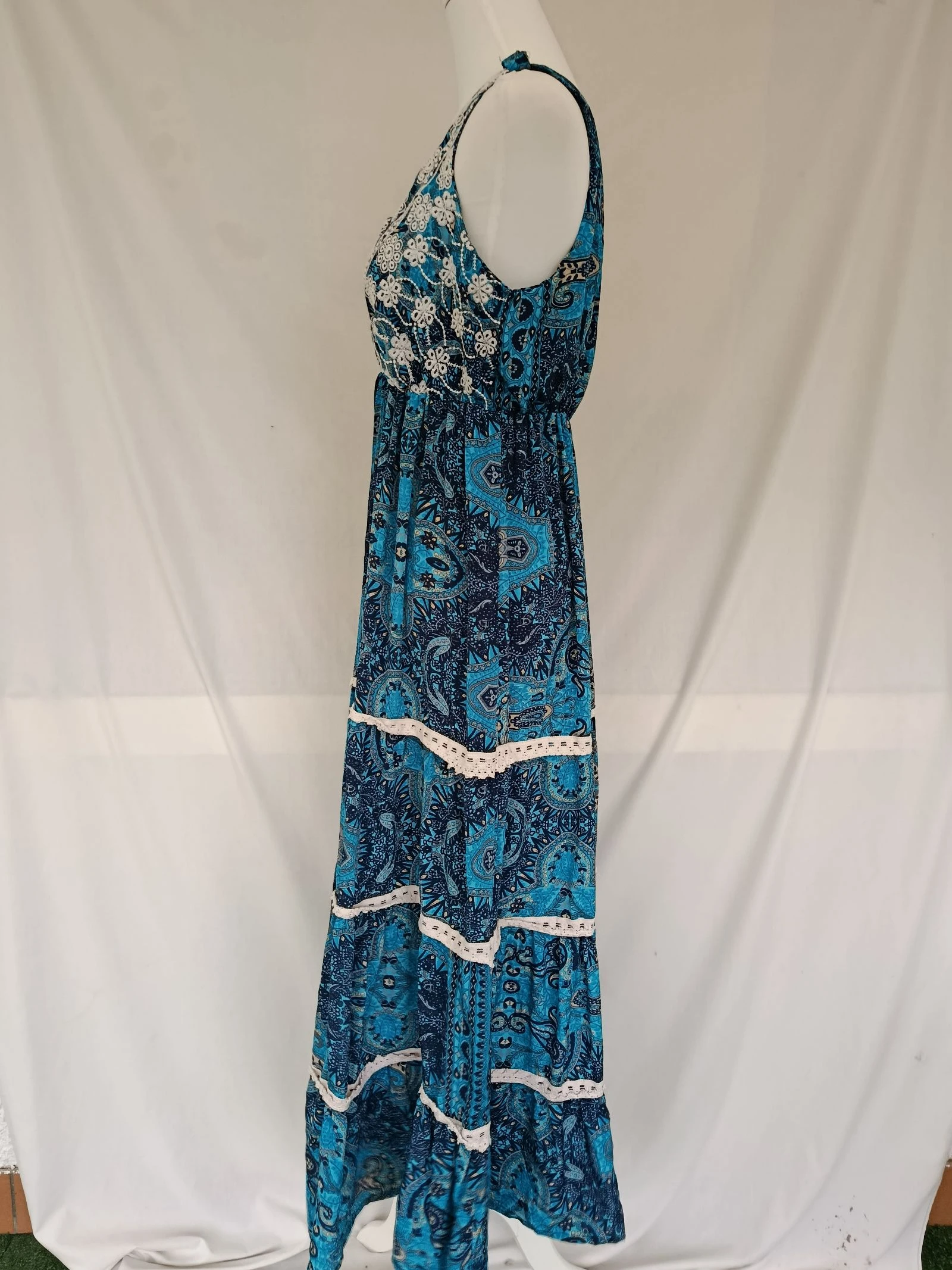 Vestido largo bohemio chic 100% seda azul con encaje Talla S/M – photo 3